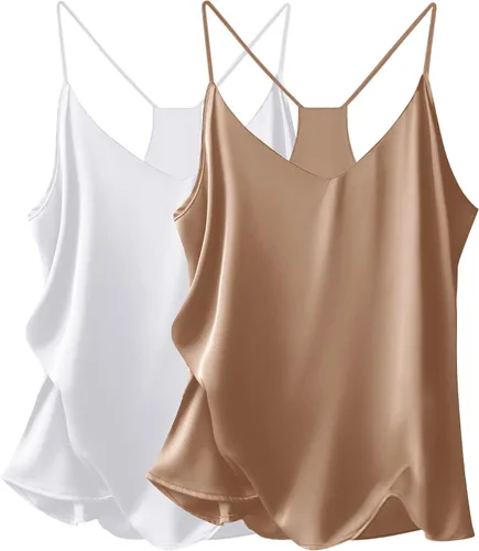 Ekouaer Camisetas de satén para mujer, paquete de 2 camisetas de seda con cuello en V, tirantes delgados, espalda cruzada, camiseta tipo camisola