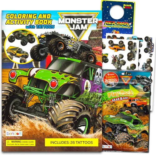 Bendon Monster Jam - Libro para colorear y juego de actividades para niños, 1 libro para colorear con actividades, juegos, calcomanías y colgador de