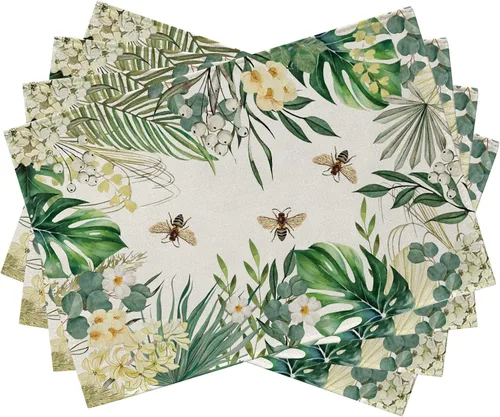 Seliem Juego de 4 manteles individuales florales con plantas tropicales, primavera y verano, hojas de palma, flor de Monstera, abeja, manteles