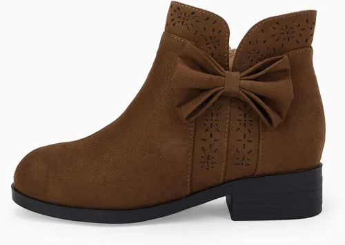 Miniatura 2 de Botas de tobillo con nudo de lazo para niñas y niños, gamuza sintética, corte en V, tacón bajo apilado, cremallera lateral, zapatos Chelsea