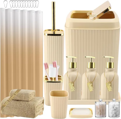 Miniatura 49 de 21PCS Bathroom Sets with Shower Curtain and Rugs Bathroom Accessories Set Beige Bathroom Set Complete with Trash Can, Toilet Brush, Qtip Holder &