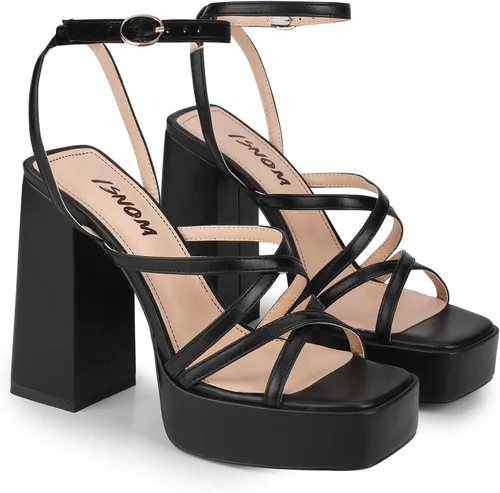 Miniatura 3 de ISNOM Tacones gruesos de plataforma para mujer, sandalias de tacón de bloque con punta cuadrada abierta y correa de tobillo