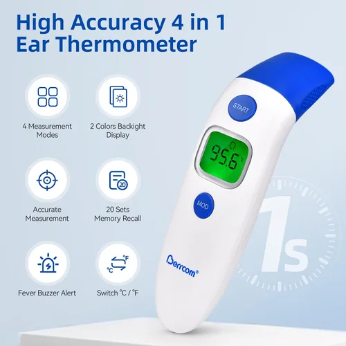 Miniatura 2 de Berrcom Termómetro digital sin contacto de 3 en 1 para frente y oído, con luz de fondo, sensor de temperatura corporal y de objetos para interiores