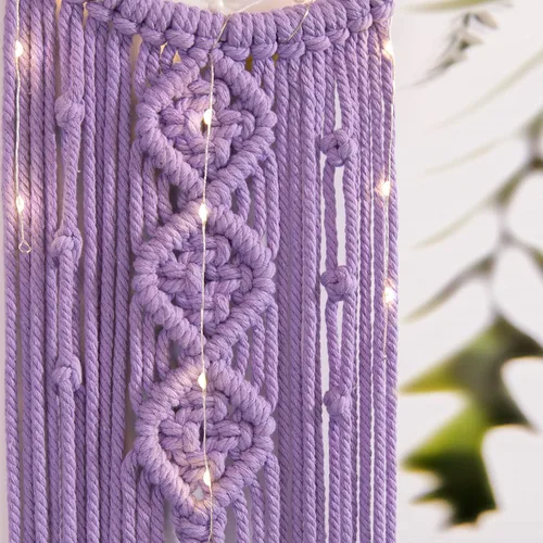 Miniatura 3 de Colgante de pared tejido de macramé bohemio para niña, atrapasueños de luna creciente y estrella de ganchillo con luz, algodón morado, hecho a mano