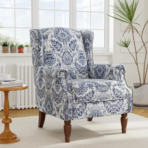 Miniatura 17 de Silla reclinable tapizada, sillón de ala floral con respaldo y reposapiés ajustables, cómoda silla decorativa para leer, sofá individual