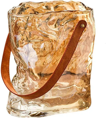 Jarrón de cristal para flores, jarrones transparentes para centros de mesa, florero de bolsa con mango de cuero para decoración de bodas en el
