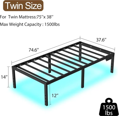 Miniatura 3 de Marcos de Cama Individuales de 14 Pulgadas Marco de Cama de Plataforma con Gran Espacio de Almacenamiento, Marco de Cama Negro Tamaño Individual