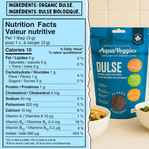 Miniatura 6 de Aqua Veggies Organic Atlantic Dulse Flakes grandes de 2 onzas, cosechadas a mano, secado al sol, Bahía de Fundy, excelente fuente de vitaminas B6