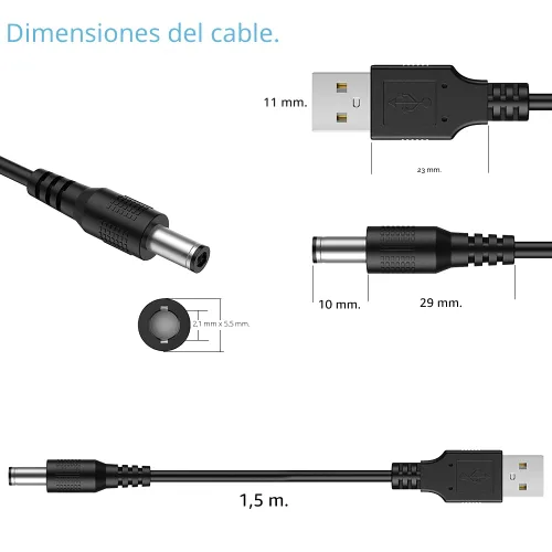 Miniatura 6 de LIANSUM - Cable de alimentación USB a DC 5V, cable de carga con enchufe Jack DC 5.5x2.1mm universal y 10 puntas de conector Micro USB, Type-C, Mini