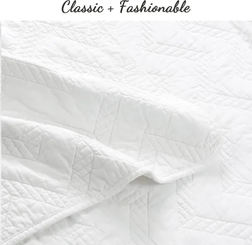 Miniatura 5 de Cozy Line Home Fashions Juego de ropa de cama de 100% algodón geométrico moderno con puntada en zigzag, color blanco sólido, colcha ligera
