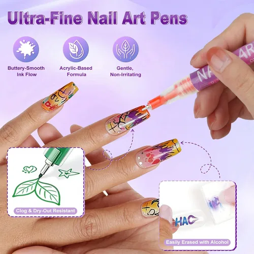 Miniatura 5 de Bolígrafos de arte de uñas de 12 colores, punta fina de 0.020 in, bolígrafos de esmalte de uñas 3D de secado rápido para diseño de uñas, pintura