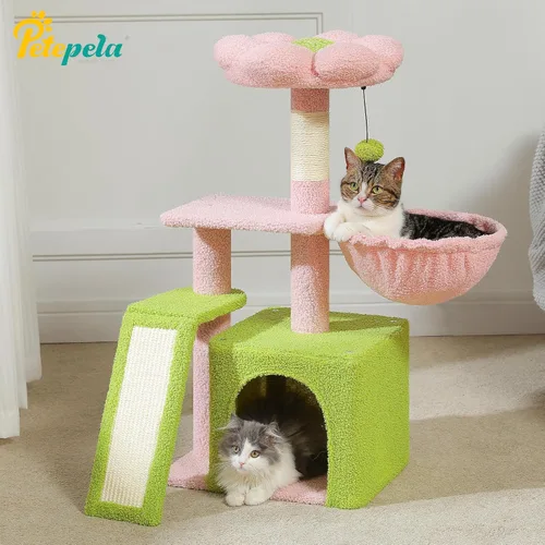 Miniatura 8 de PETEPELA - Árbol para gatos con flores, torre de 32 pulgadas para interiores, condominio para gatos pequeños con rampa de sisal para rascar, hamaca
