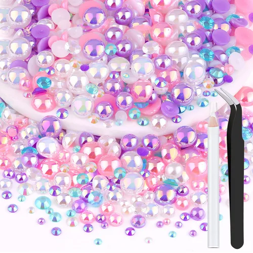 Miniatura 10 de 100g de cuentas de perlas planas y diamantes de imitación, 1-Rosa y blanco, tamaño mixto de 3-10mm, resina, diamantes de imitación y medias perlas