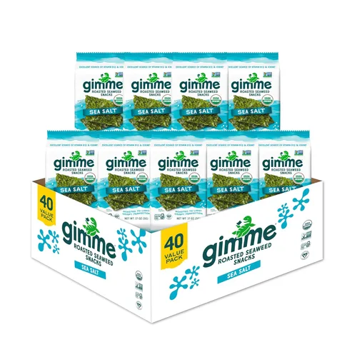 Miniatura 10 de Gimme Algas Marinas Orgánicas Premium Tostadas, Sal Marina, 20 Unidades, Keto, Vegano, Sin Gluten, Gran Fuente de Omega3 y Yodo, Aperitivo Saludable