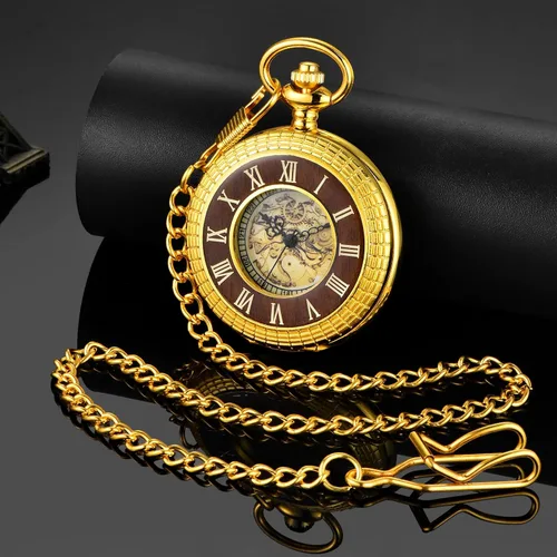 Miniatura 4 de Wood Grain Hollow Design Vintage Pocket Watch, Roman Numerals Scale Quartz Pocket Watch with Chain for Xmas Fathers Day GIF