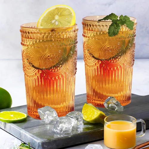 Loivttvv Juego de 6 vasos de bebida vintage, vasos de Highball de 12 oz / 354.83 ml en ámbar, vasos de cristal acanalados con relieve para cóctel de