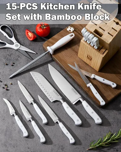 Miniatura 6 de Cook N Home Basics - Juego de cubiertos de bambú con cuchillos, hoja de acero inoxidable de alto carbono, 15 piezas, color blanco