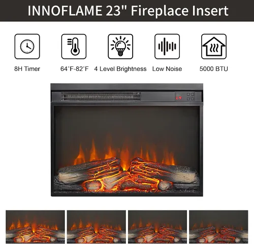 Miniatura 5 de Inserto para chimenea eléctrica de 23 pulgadas, calentador empotrado ultrafino con tronco y llama realistas, brillo de 4 llamas ajustable, control