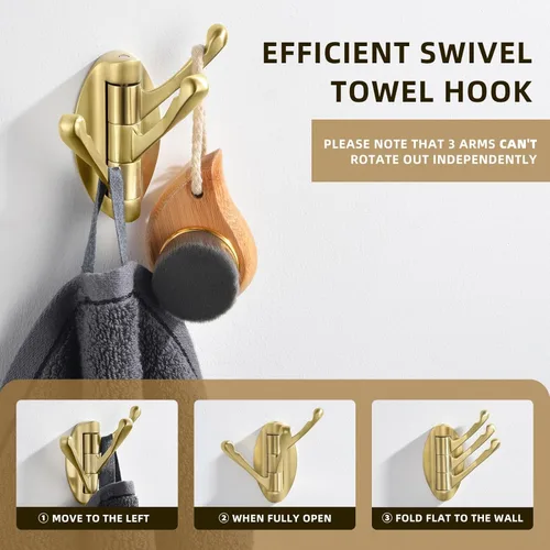 Miniatura 3 de Angle Simple Gancho giratorio para toallas de oro cepillado, 2 piezas, gancho de baño plegable de metal, soporte para toallas de baño, colgador