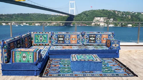Miniatura 3 de Blue Arabic Floor Sofa, L Shape Corner Seating Set, Bench Cushions, Sectional Sofa, Pallet Sofas, Floor Cushions, Floor Couch, Oriental Sofa, Sofa