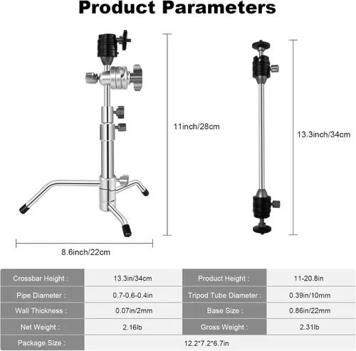 Miniatura 3 de Mini soporte C de bolsillo de 20 pulgadas, totalmente metálico ajustable pequeño de 20.8 pulgadas con cabezal de agarre de brazo de pluma de 13