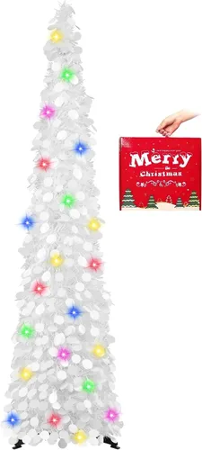 Miniatura 17 de MACTING Árbol de Navidad desplegable con 50 luces LED con temporizador, 5 pies, árbol de lápiz de oropel plegable de fácil montaje, árbol artificial