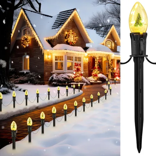 Miniatura 10 de Tira de luces LED estilo sendero de Navidad para exteriores; tira de 20 luces LED C9 con carcasa de fresa y estaca, interconectables, luz cálida