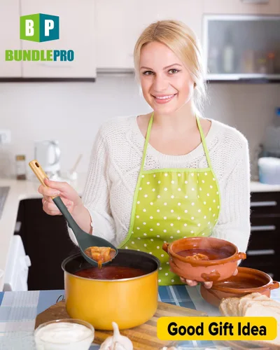 Miniatura 7 de Juego de cucharón de sopa de silicona y cuchara de espagueti con mango de madera, utensilios de cocina antiadherentes resistentes al calor para Gris