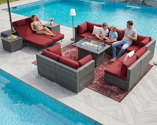 Miniatura 89 de NICESOUL Juego de muebles de patio para exteriores de 7 piezas con mesa para hoguera, gas natural y propano convertible, respaldo alto de 29.3