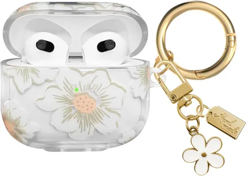 Miniatura 15 de Funda compatible con AirPods 3 2021, TPU suave con bonito patrón de flores para AirPods de 3ª generación con llavero de flores y mosquetón para Negro