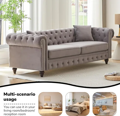 Miniatura 6 de Sofá Chesterfield de terciopelo grande de 85.5 pulgadas, sofá moderno de 3 plazas con brazos enrollados con diseño de botón y 2 cojines para sala
