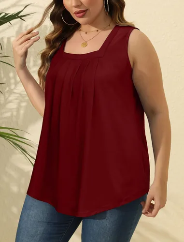 Miniatura 174 de Saloogoe - Camisetas sin mangas veraniegas para mujeres, plisadas con cuello cuadrado y dobladillo curvado, blusas de ajuste holgado con movimiento