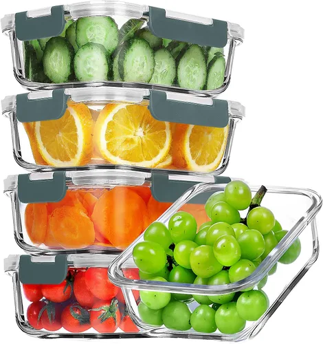 Miniatura 8 de VERONES Paquete de 5 contenedores de 36 onzas de vidrio para preparar comidas, juego de contenedores de vidrio herméticos para almuerzo