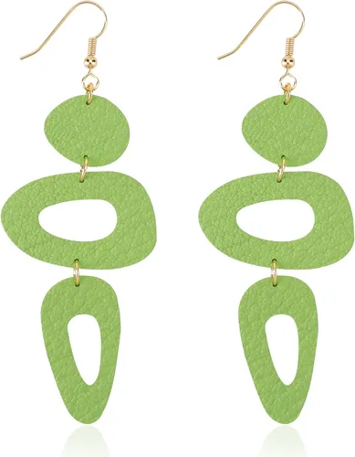 GELVTIC Aretes de cuero genuino para mujeres y niñas, geométricos, grandes, colgantes, de corazón, gancho, hechos a mano, coloridos, ligeros, regalo