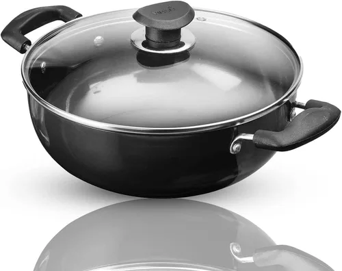 Miniatura 9 de Vinod Utensilios de cocina profesional Deep Kadhai – 2.1 litros (2.2 cuartos) – 20cm (7.9 in) – Tapa de vidrio incluida – Wok/olla anodizado duro