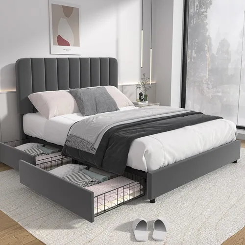 Miniatura 30 de VECELO Marco de Cama Tapizada Tamaño Full con 4 Cajones y Cabecero, Marco de Cama Plataforma de Almacenamiento de Terciopelo, Soporte de Listones