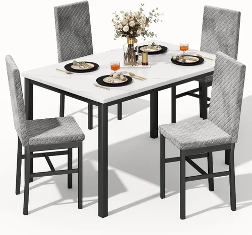 Miniatura 10 de Recaceik Juego de mesa de comedor para 4, juego de mesa de comedor moderno de 5 piezas con mesa de cocina de mármol sintético y 4 sillas tapizadas