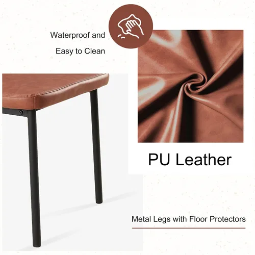 Miniatura 6 de Juego de 4 sillas de comedor de piel sintética marrón, cómodas sillas de cocina tapizadas sin brazos con patas de metal negro para sala de estar
