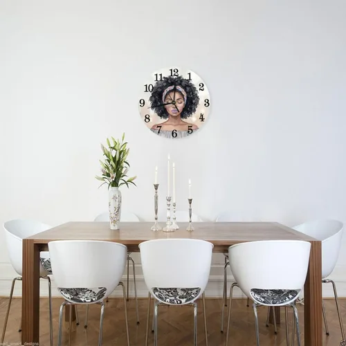 Miniatura 2 de African Black Woman Wall Clock Battery Operated Silent Round Clock Afro Girl Wall Decor for Home Office School, 9.8 Inch