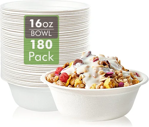 Vplus Paquete de 180 Tazones de Papel de 16 OZ, Desechables Compostables a Granel, Bagazo Ecológico, Tazones Resistentes Perfectos para Leche, 16OZ