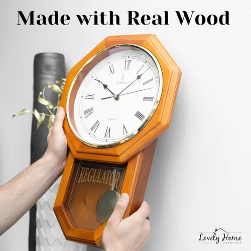Miniatura 7 de Reloj de pared de péndulo a pilas, reloj regulador de madera real, diseño de casa escolar con péndulo, silencioso, sin timbre, decoración de pared