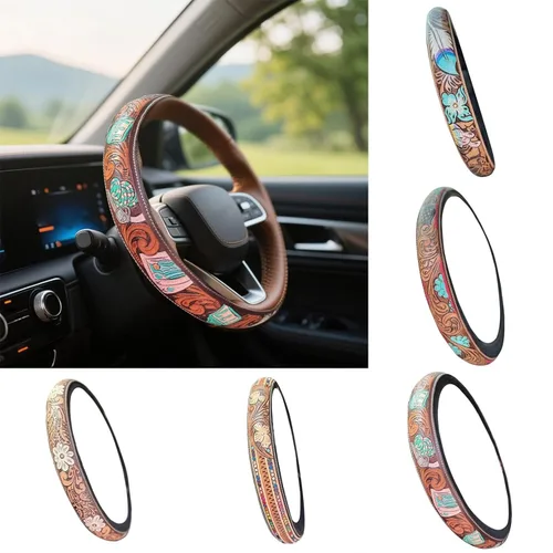 Miniatura 2 de Funda para volante de automóvil occidental de cuero troquelado estilo retro vaquero, accesorio universal de 15 pulgadas antideslizante para SUV