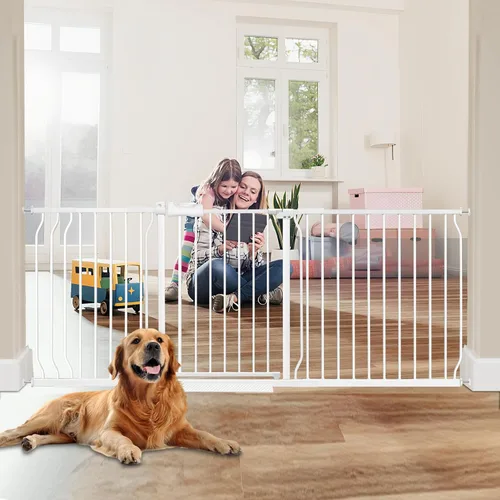 Miniatura 18 de Puerta extra ancha para bebé, puerta extra alta para perros, para escaleras, puertas, tensión de metal blanco, puertas de seguridad para mascotas