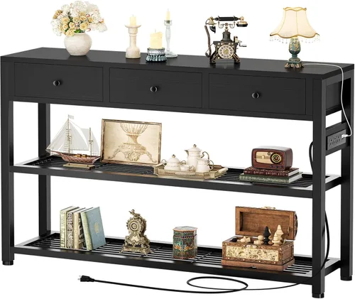 Miniatura 11 de Ecoprsio Mesa de entrada con salidas y puertos USB, mesa consola con 2 cajones, mesa de sofá pequeña con estantes de almacenamiento para sala