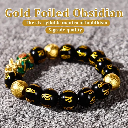 Miniatura 5 de Feng Shui Bracelet Obsidian Bracelet, 24k Gold Plated PiXiu Dragon Protection for Men Women, 12mm Mantra Prayer Beads Bracelets Meditation