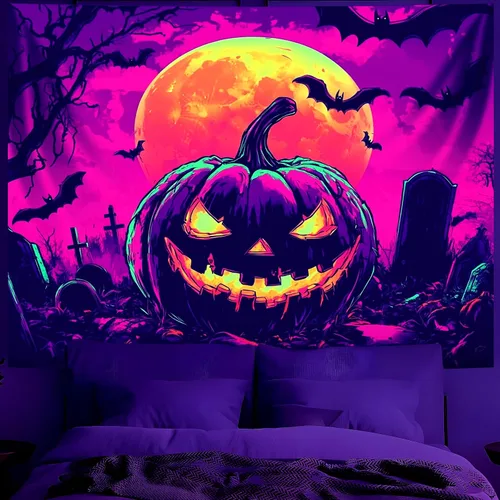 Miniatura 38 de BVBOX Tapiz de Halloween con luz negra, reactivo a los rayos UV que brilla en la oscuridad, póster de tapiz trippy con luz negra para sala de estar