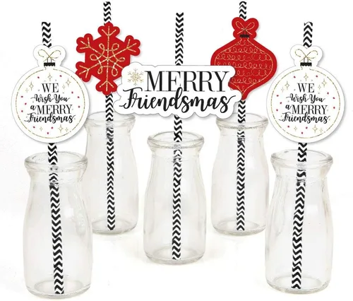 Big Dot of Happiness Pajitas decorativas a rayas rojas y doradas para decoración de pajitas de papel para fiesta de Navidad de amigos, juego de 24