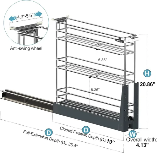 Miniatura 4 de JOWBOOW Organizador de especias extraíble para armario estrecho (10.6 cm de ancho X 49.5 cm de profundidad), organizador de gabinete de 3 niveles