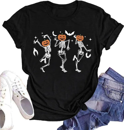 Miniatura 21 de Woffccrd - Camisetas divertidas con estampado de calabaza y leopardo para mujer, camisetas gráficas de manga corta de Halloween para mujer