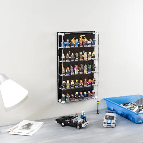 Miniatura 7 de Vitrina de minifiguras de acrílico, estantes de almacenamiento de figuras pequeñas de montaje en pared con fondo negro, capacidad para 40